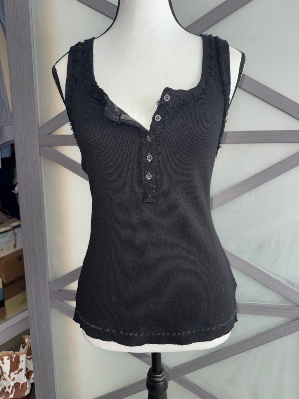 Free People We The Free XS Black Ribbed Henley Tank Top Raw Edge Distressed